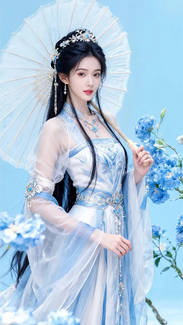 古装蓝衣女子手机壁纸｜浅蓝色背景 - 油纸伞古风「哲风壁纸」