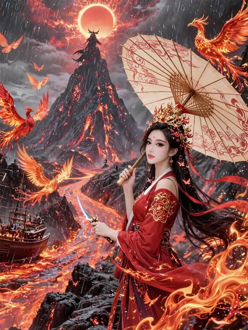 红衣古装女子手机壁纸｜火山凤凰背景图片 - 古风艺术「哲风壁纸」