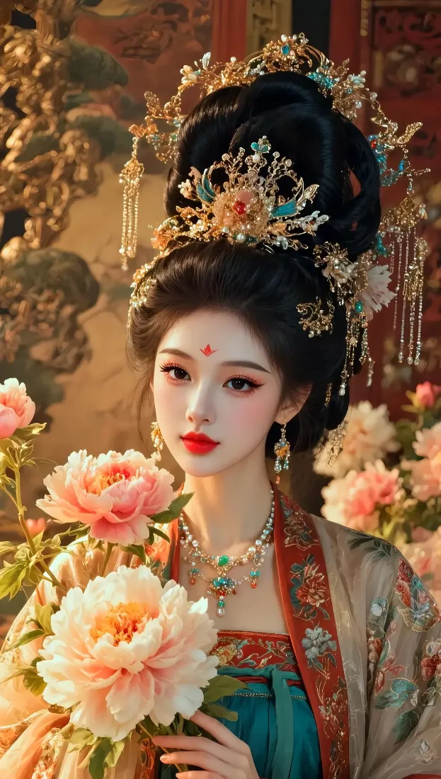 古装美女手机壁纸｜古风背景图 - 牡丹 珠翠 高髻「哲风壁纸」