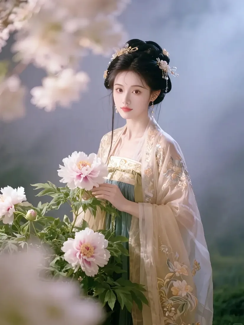 古装女子手机壁纸｜古风花卉背景 - 轻纱汉服仕女「哲风壁纸」