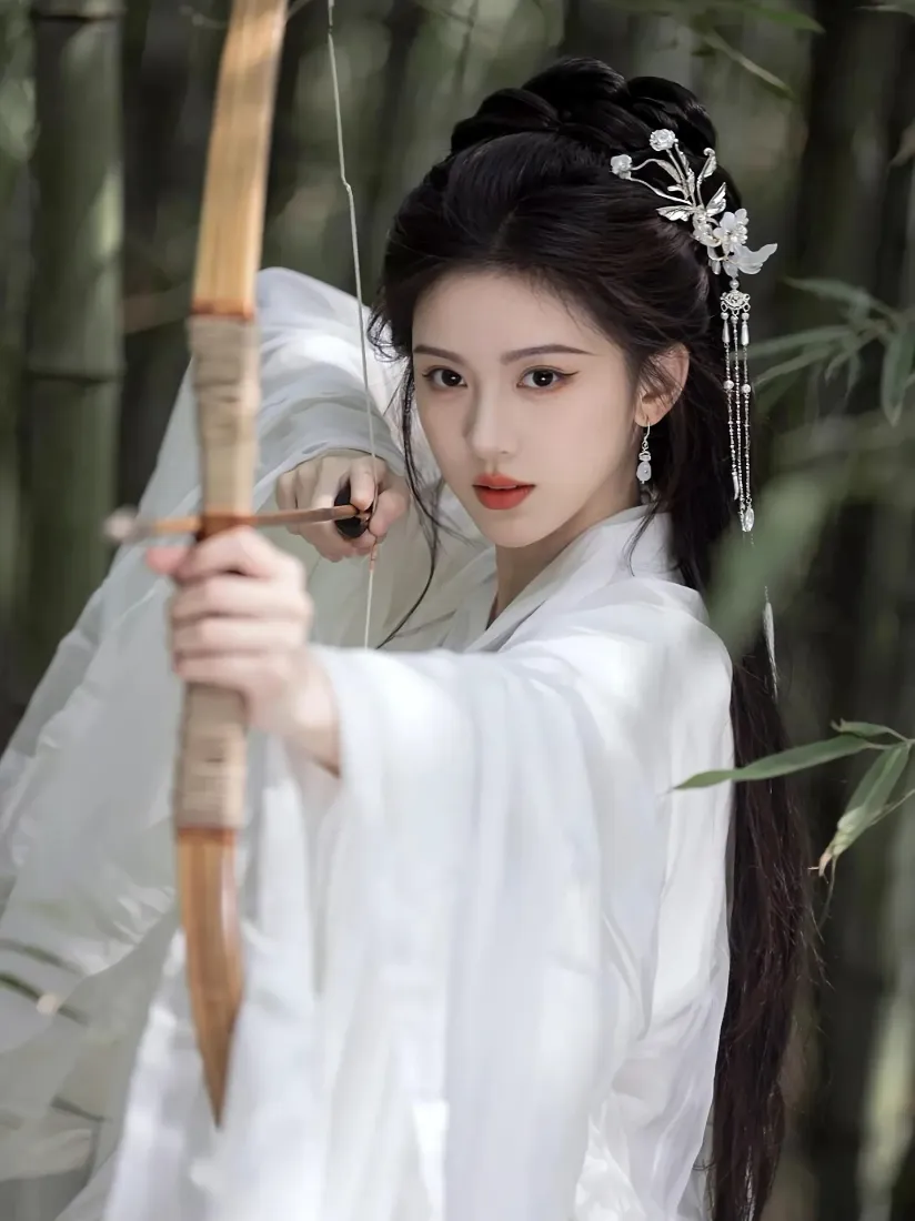 白衣古装射箭女子手机壁纸｜竹林背景图片 - 古风「哲风壁纸」