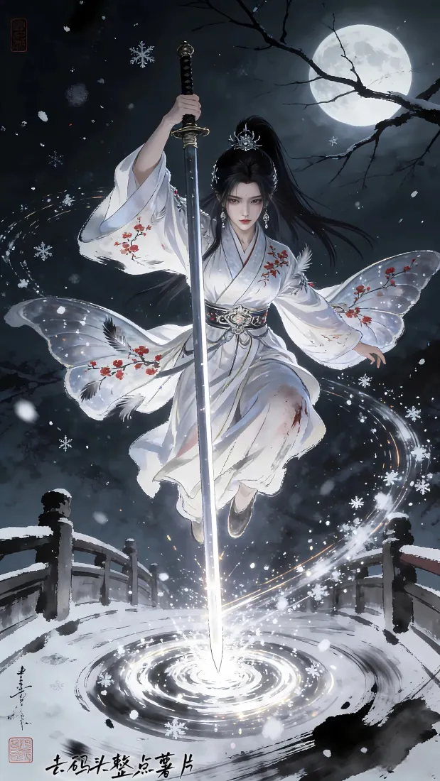 古装持剑女子手机壁纸｜月下雪景背景图 - 古风「哲风壁纸」