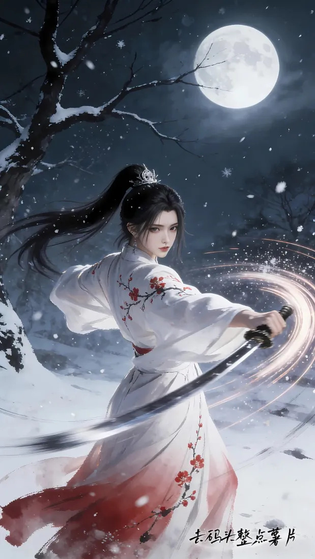 （古装武侠女子手机壁纸｜雪景月夜背景图片 - 剑舞）「哲风壁纸」
