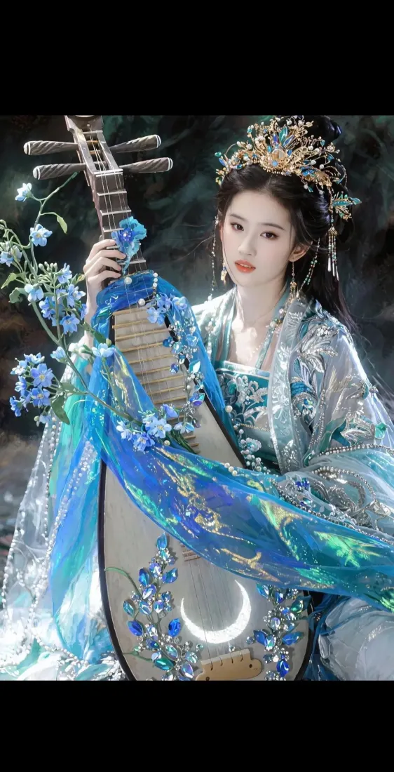 古装琵琶女子手机壁纸｜古风背景图片 - 蓝裙头饰「哲风壁纸」