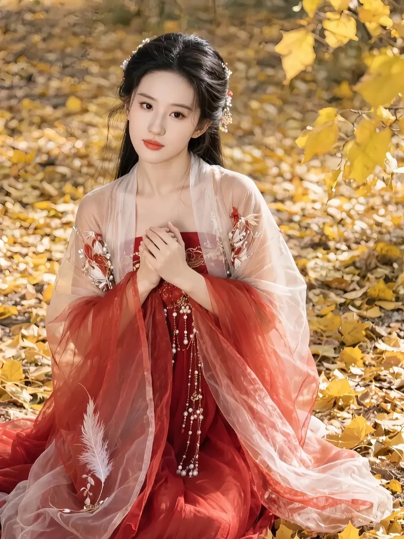 红衣古装女子手机壁纸｜金黄落叶背景图片 - 古风「哲风壁纸」