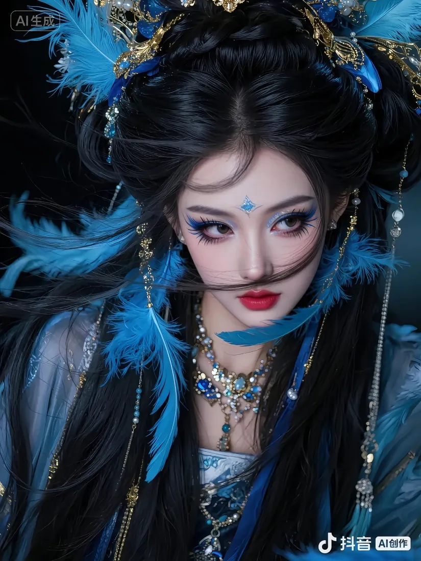 古风美女手机壁纸｜蓝色羽毛背景图片 - 华丽古装「哲风壁纸」