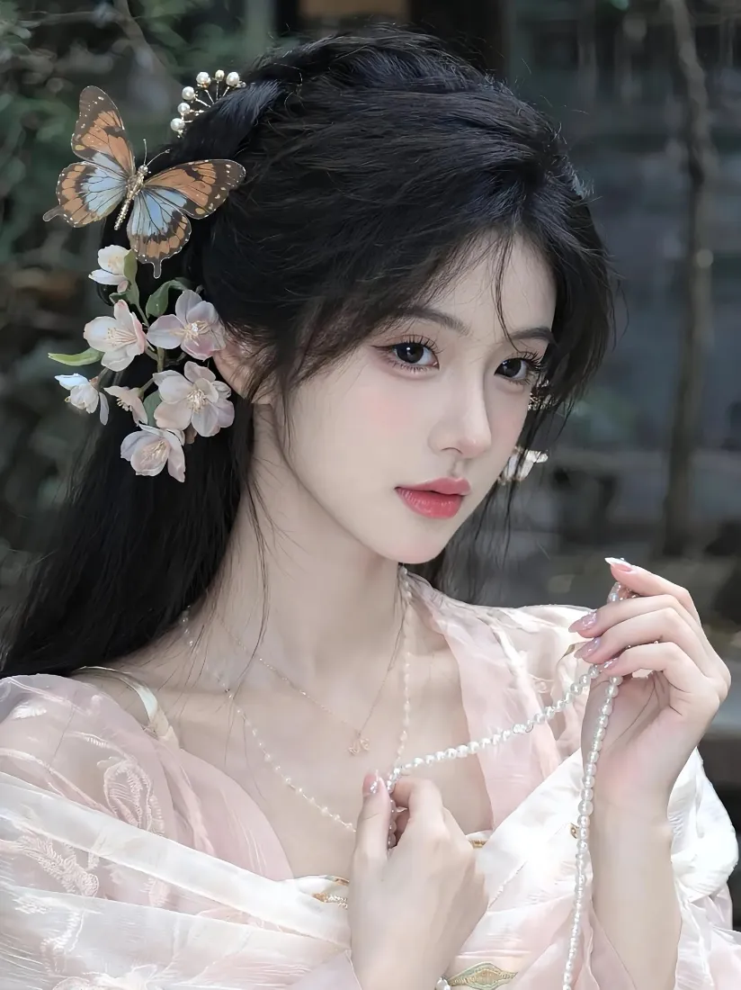 古风美女手机壁纸｜户外背景图片 - 蝴蝶发饰「哲风壁纸」