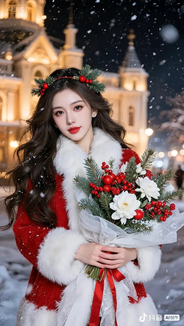 红衣美女手机壁纸｜雪景背景图片 - 圣诞装花束「哲风壁纸」