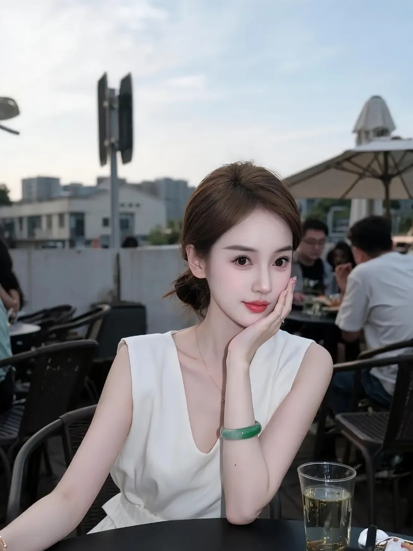 白衣美女手机壁纸｜户外餐厅背景图片 - 城市街景「哲风壁纸」