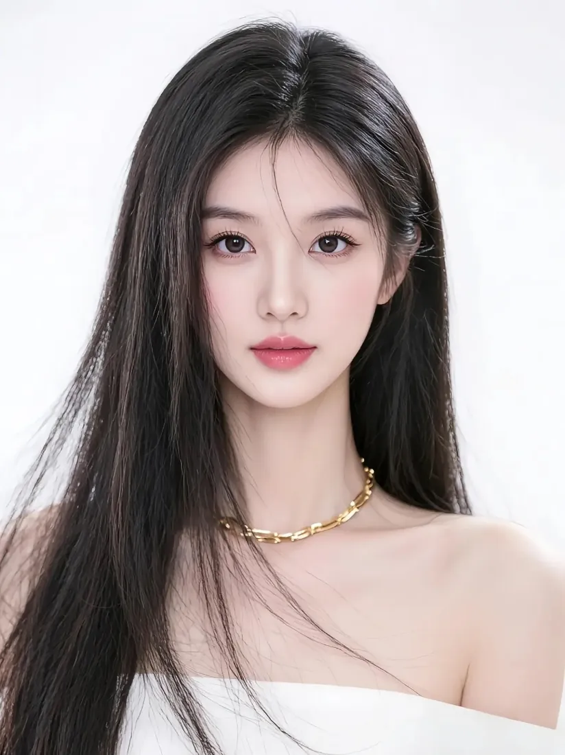 长发美女手机壁纸｜白色背景图片 - 金色项链「哲风壁纸」