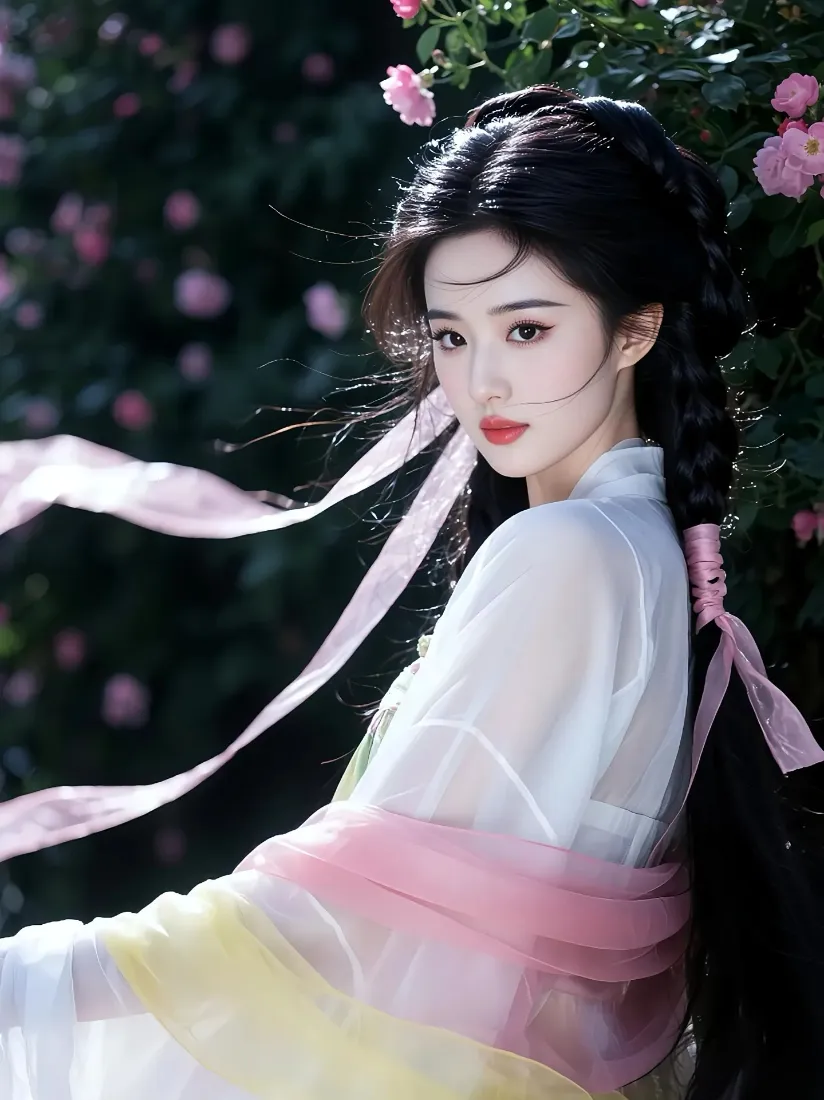 古装美女手机壁纸｜花丛背景图 - 粉色丝带汉服「哲风壁纸」