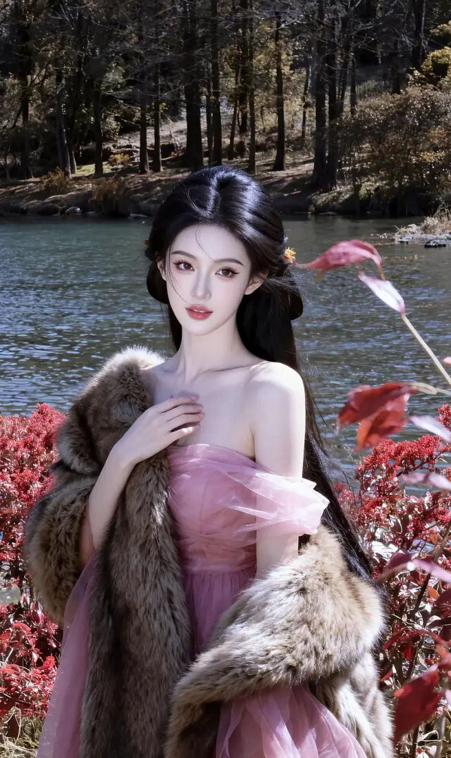 古装美女手机壁纸｜湖水树林背景 - 粉色纱裙披风「哲风壁纸」