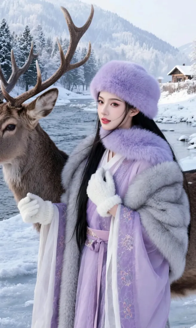 古装女子雪景手机壁纸｜鹿背景图 - 紫色古装冬日「哲风壁纸」
