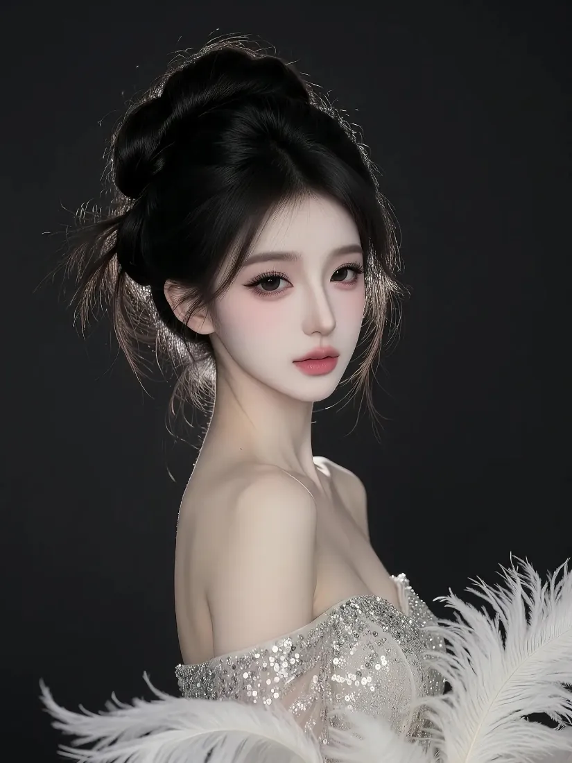 人物礼服手机壁纸｜黑色背景图片 - 羽毛盘发精致妆容「哲风壁纸」