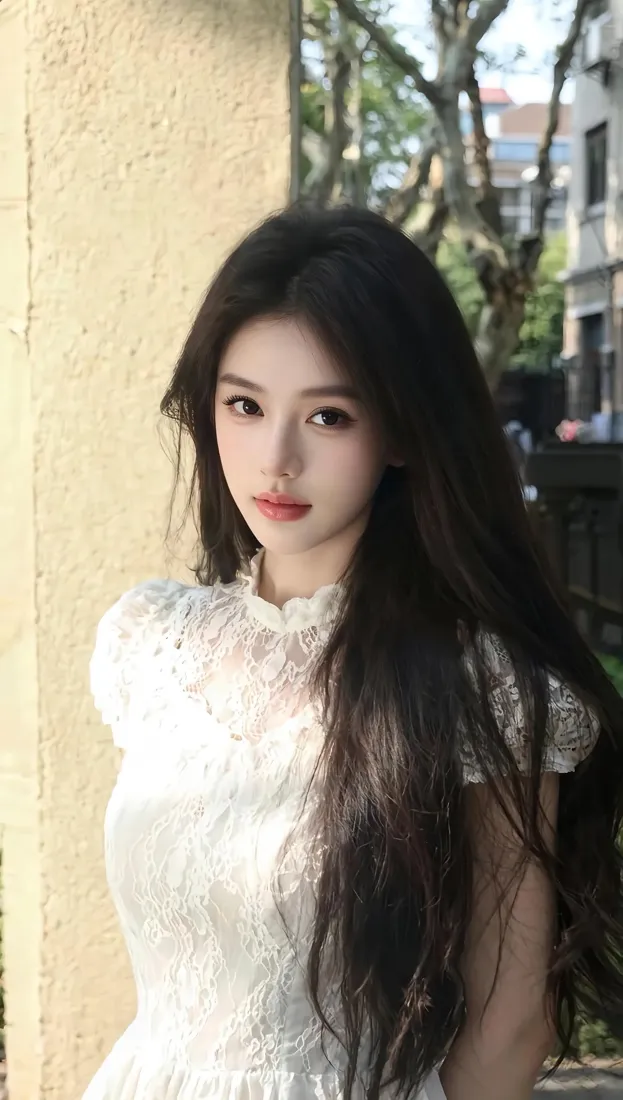 白衣女子手机壁纸｜户外黄墙背景图片 - 长发优雅「哲风壁纸」