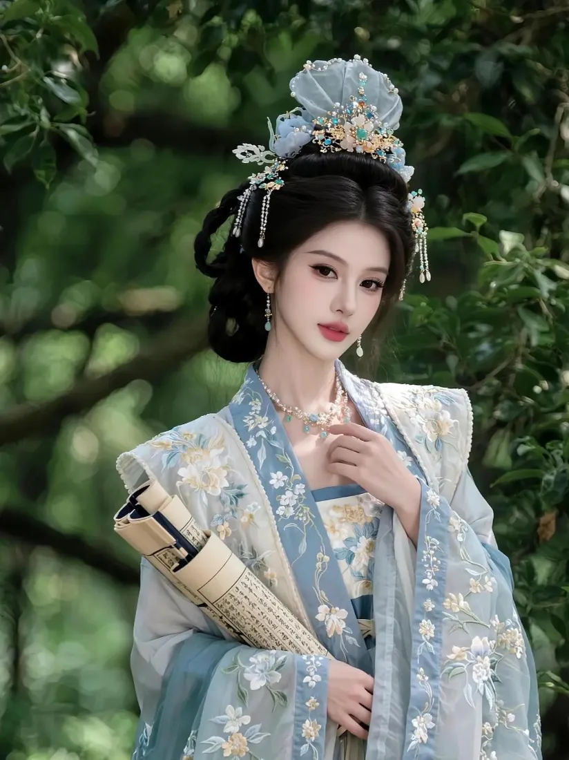 古风美女手机壁纸｜绿树背景图片 - 汉服古装卷轴「哲风壁纸」