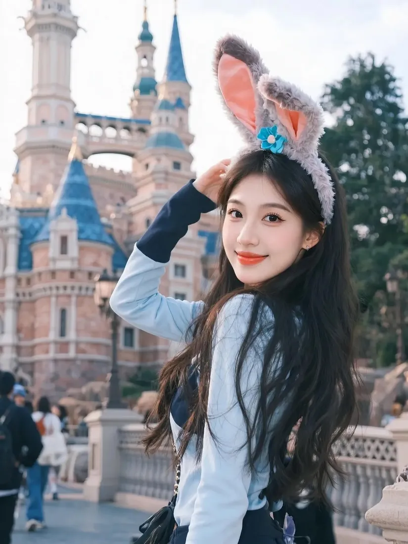 迪士尼兔耳美女手机壁纸｜城堡背景图 - 甜美穿搭「哲风壁纸」