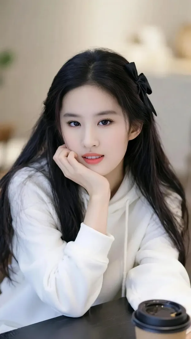 清新美女手机壁纸｜白色连帽衫背景 - 托腮咖啡「哲风壁纸」