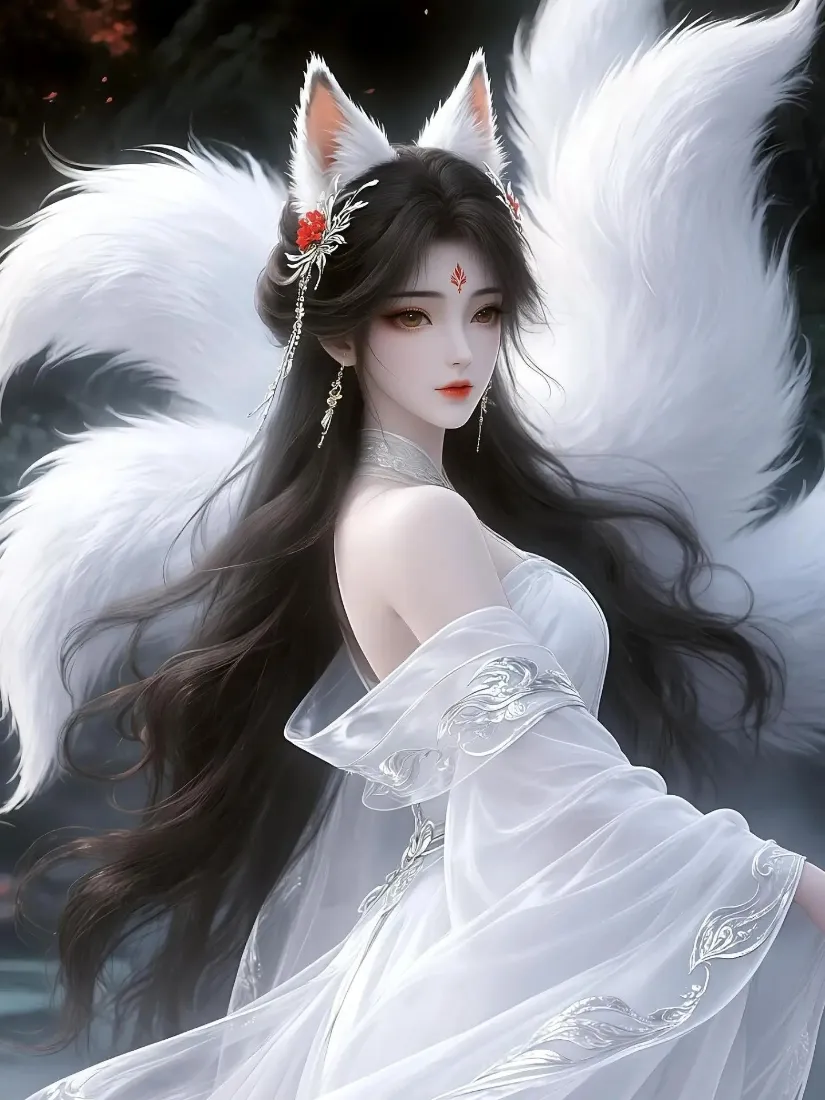 九尾狐古装美女手机壁纸｜古风背景图片 - 白衣狐耳「哲风壁纸」