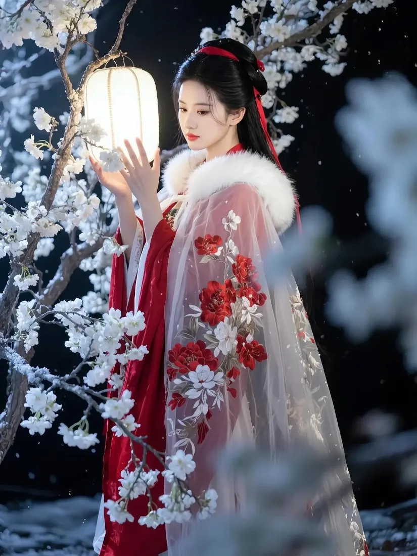 古装美女手机壁纸｜梅花雪景背景图 - 红衣古风「哲风壁纸」