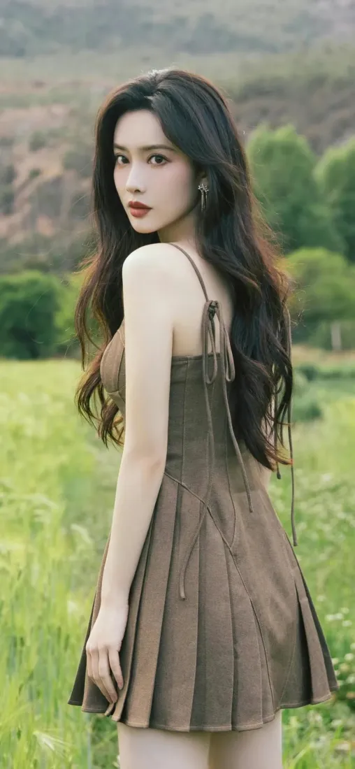 美女手机壁纸｜草地背景图片 - 棕色连衣裙「哲风壁纸」