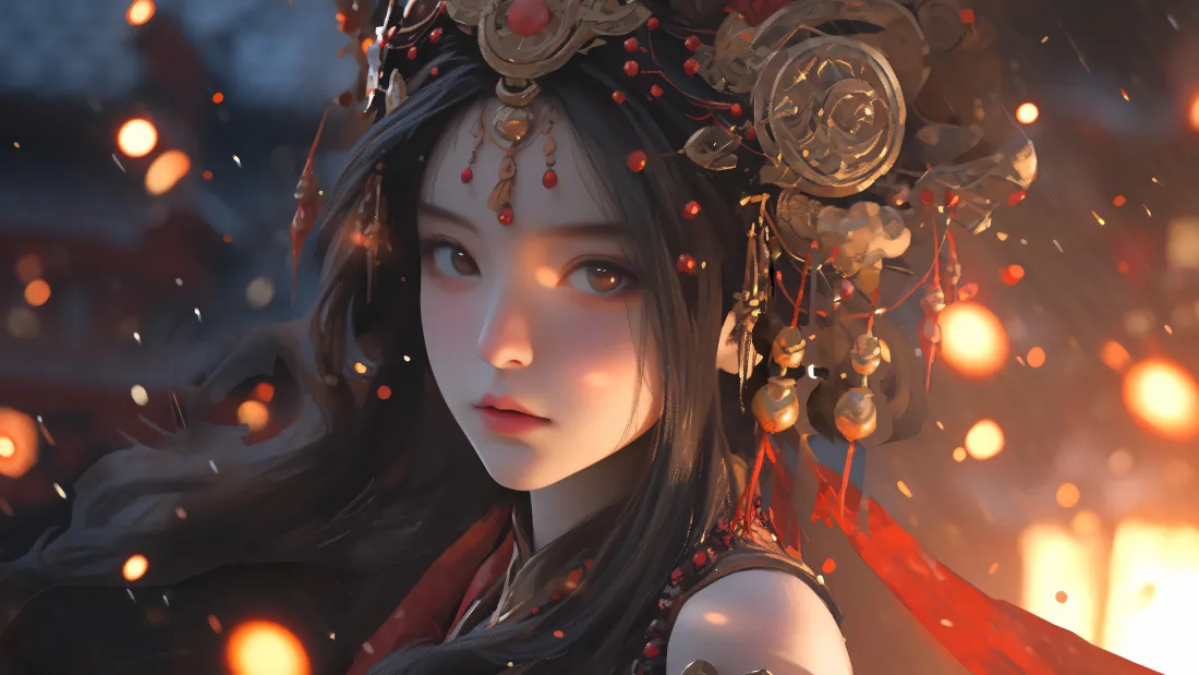 4k古风女子壁纸｜红衣背景图片 - 传统头饰暖光「哲风壁纸」