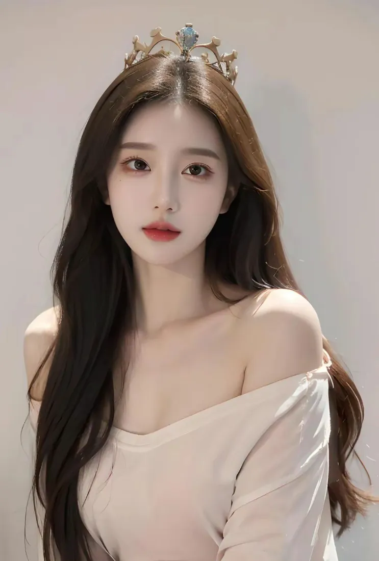 长发美女皇冠手机壁纸｜浅灰背景图片 - 白衣露肩红唇「哲风壁纸」