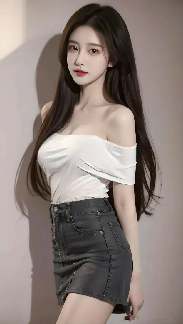 长发美女手机壁纸｜简约背景图片 - 白上衣灰短裙「哲风壁纸」