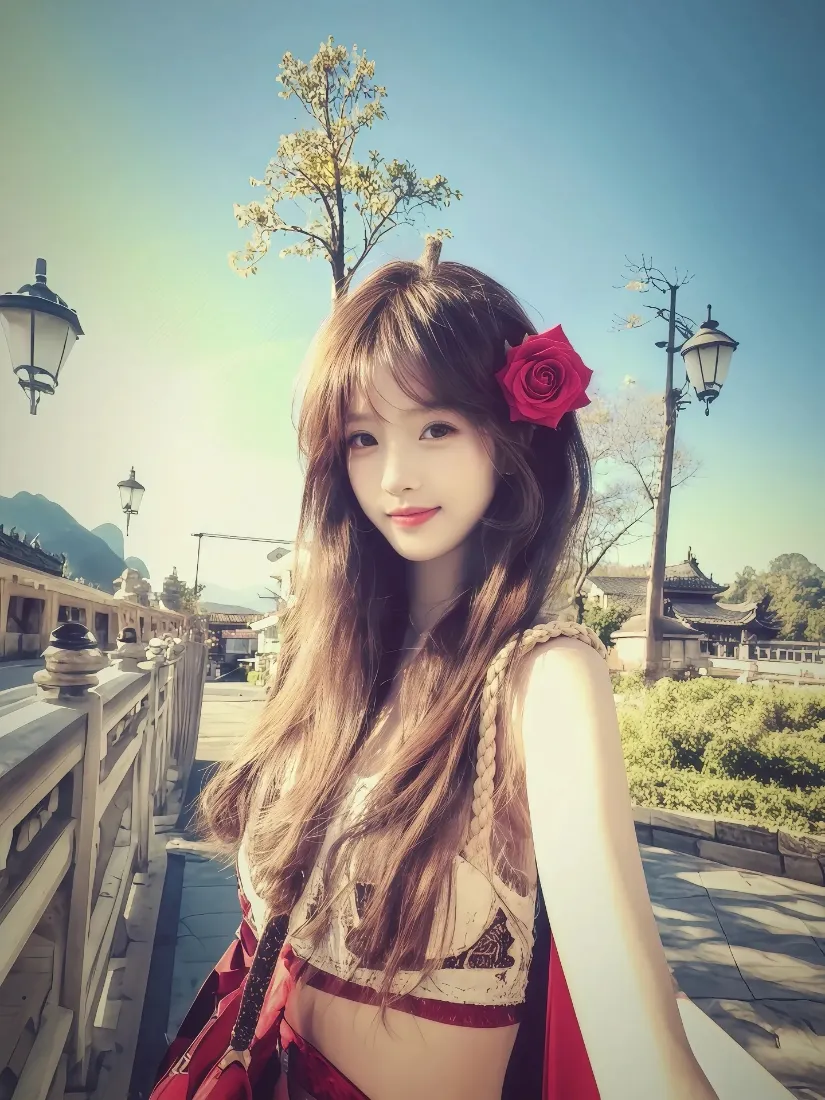 长发女孩手机壁纸｜户外风景背景图片 - 红衣红饰自拍「哲风壁纸」