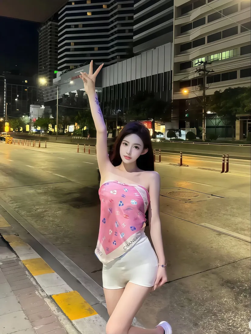 美女手机壁纸｜城市夜景背景图片 - 粉色上衣穿搭「哲风壁纸」