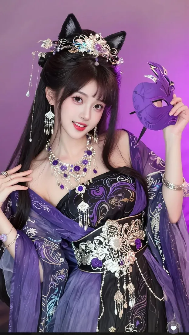 古风美女手机壁纸｜紫色古风背景图片 - 猫耳发饰「哲风壁纸」