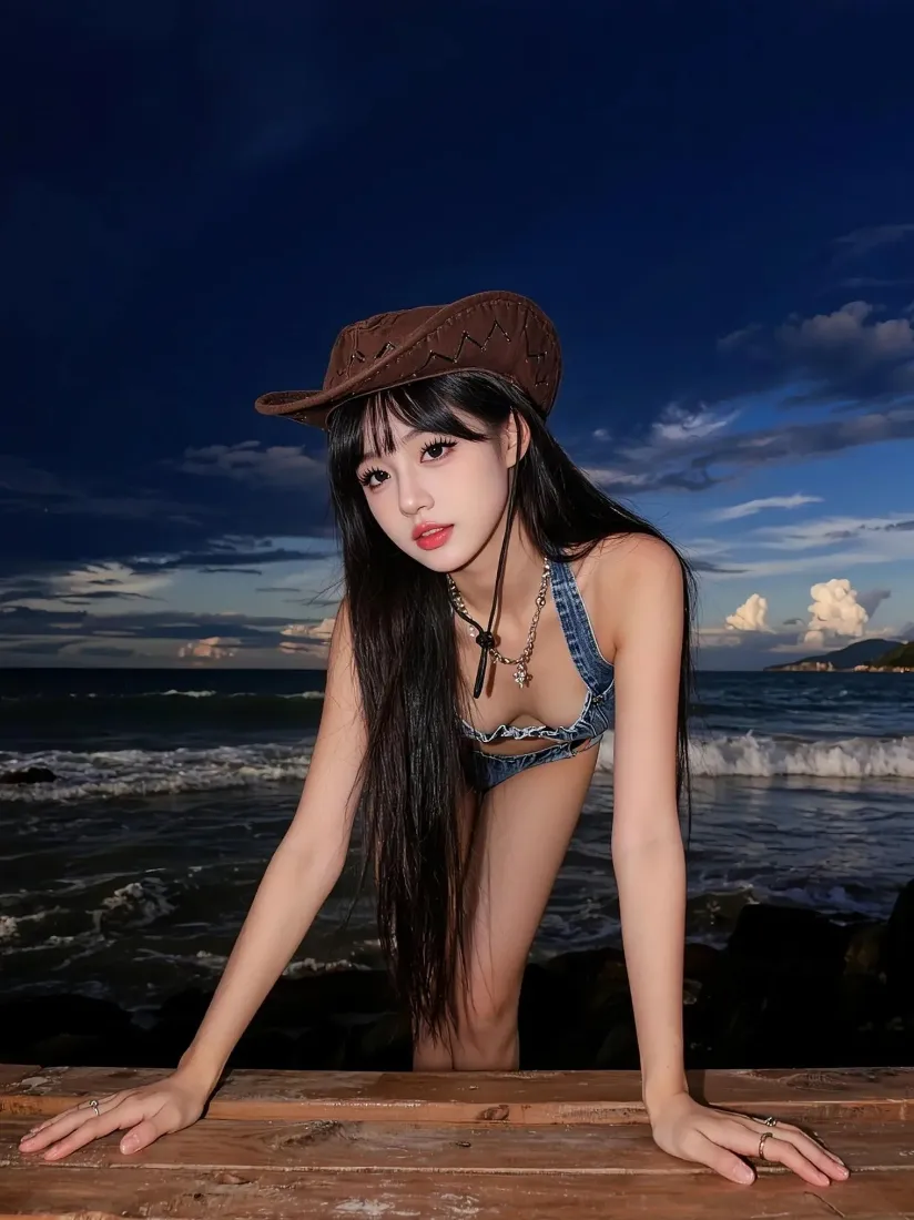 海边美女手机壁纸｜海景背景图 - 牛仔帽比基尼「哲风壁纸」