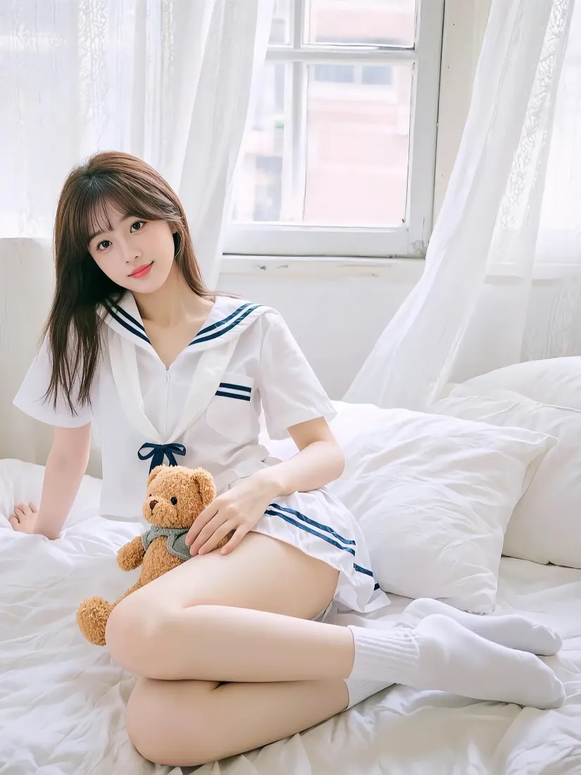 水手服女生手机壁纸｜卧室床背景图 - 泰迪熊白袜「哲风壁纸」