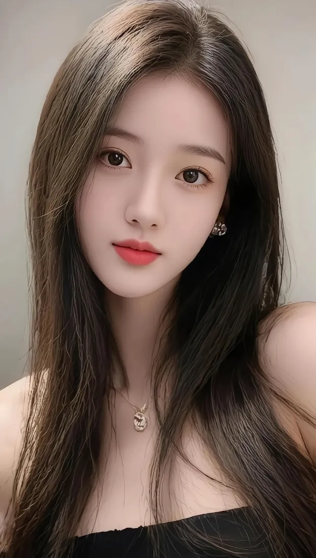 长发美女手机壁纸｜灰色背景图片 - 红唇黑抹胸「哲风壁纸」