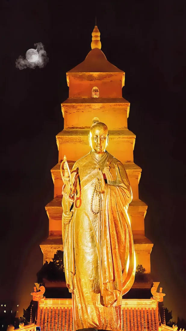 大雁塔手机壁纸｜西安夜景背景 - 玄奘雕像「哲风壁纸」