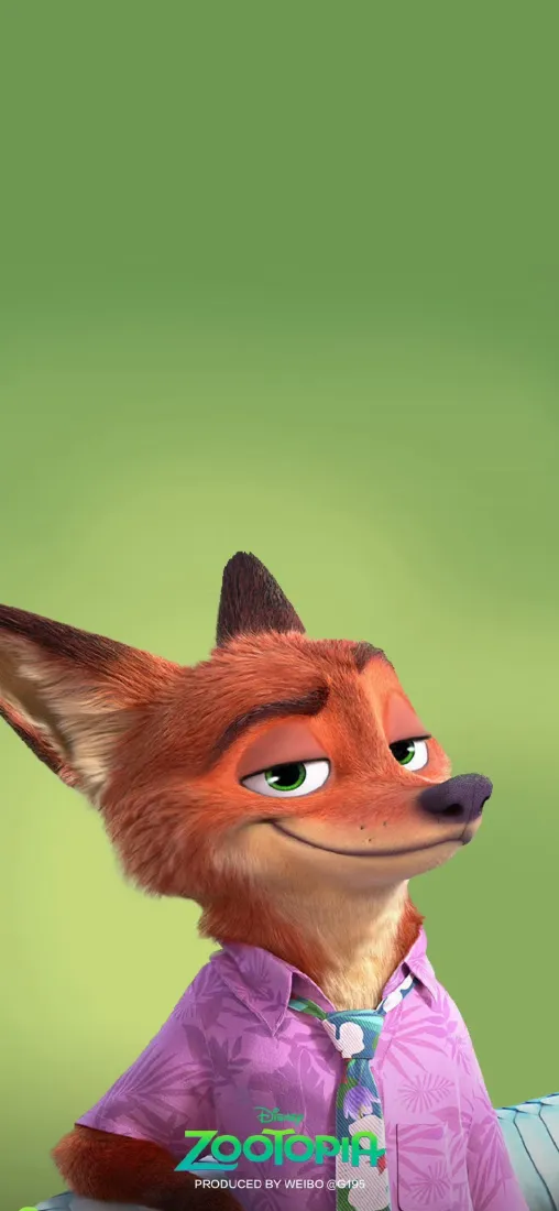 疯狂动物城尼克手机壁纸｜绿色背景图片 - 紫色衬衫「哲风壁纸」