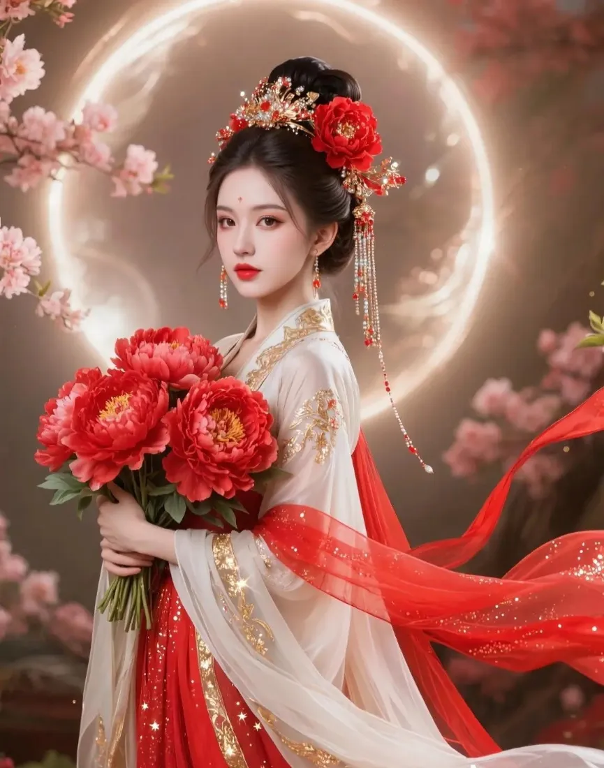 古风女子手机壁纸｜古典背景图片 - 红牡丹汉服美人「哲风壁纸」