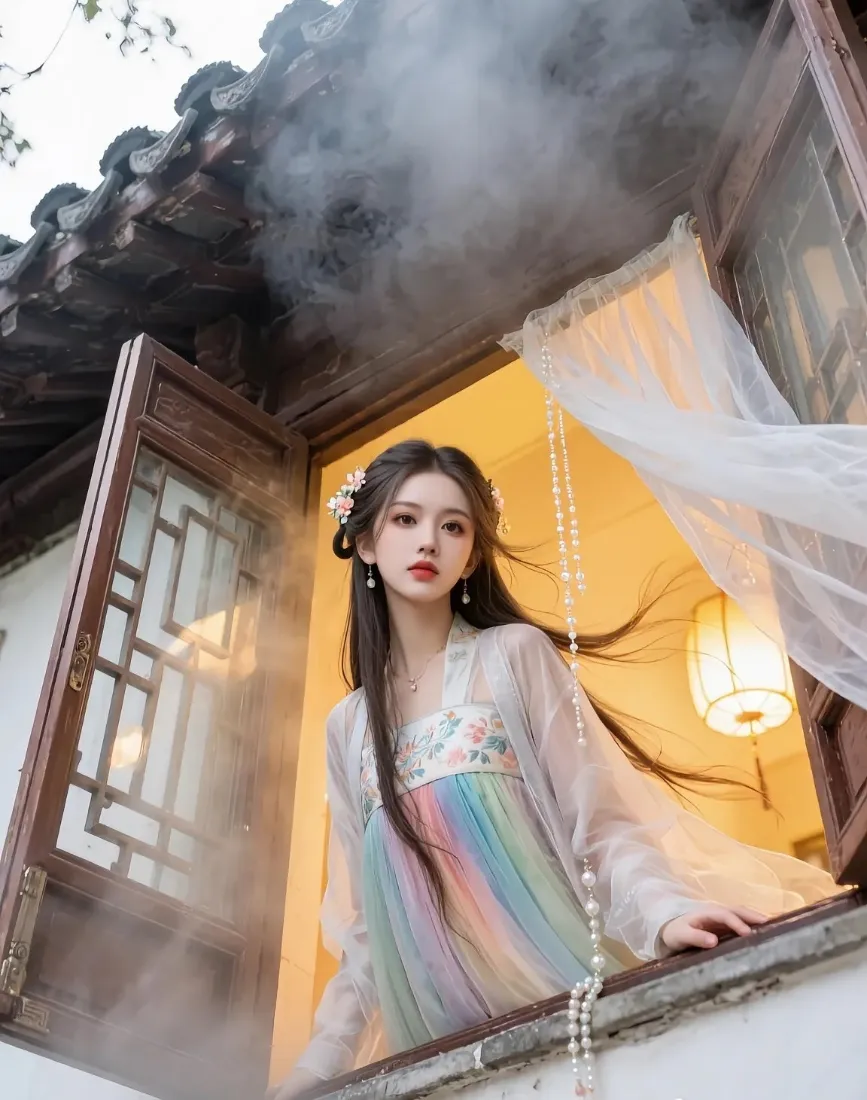 汉服女子手机壁纸｜古风背景图片 - 中式建筑烟雾暖黄「哲风壁纸」