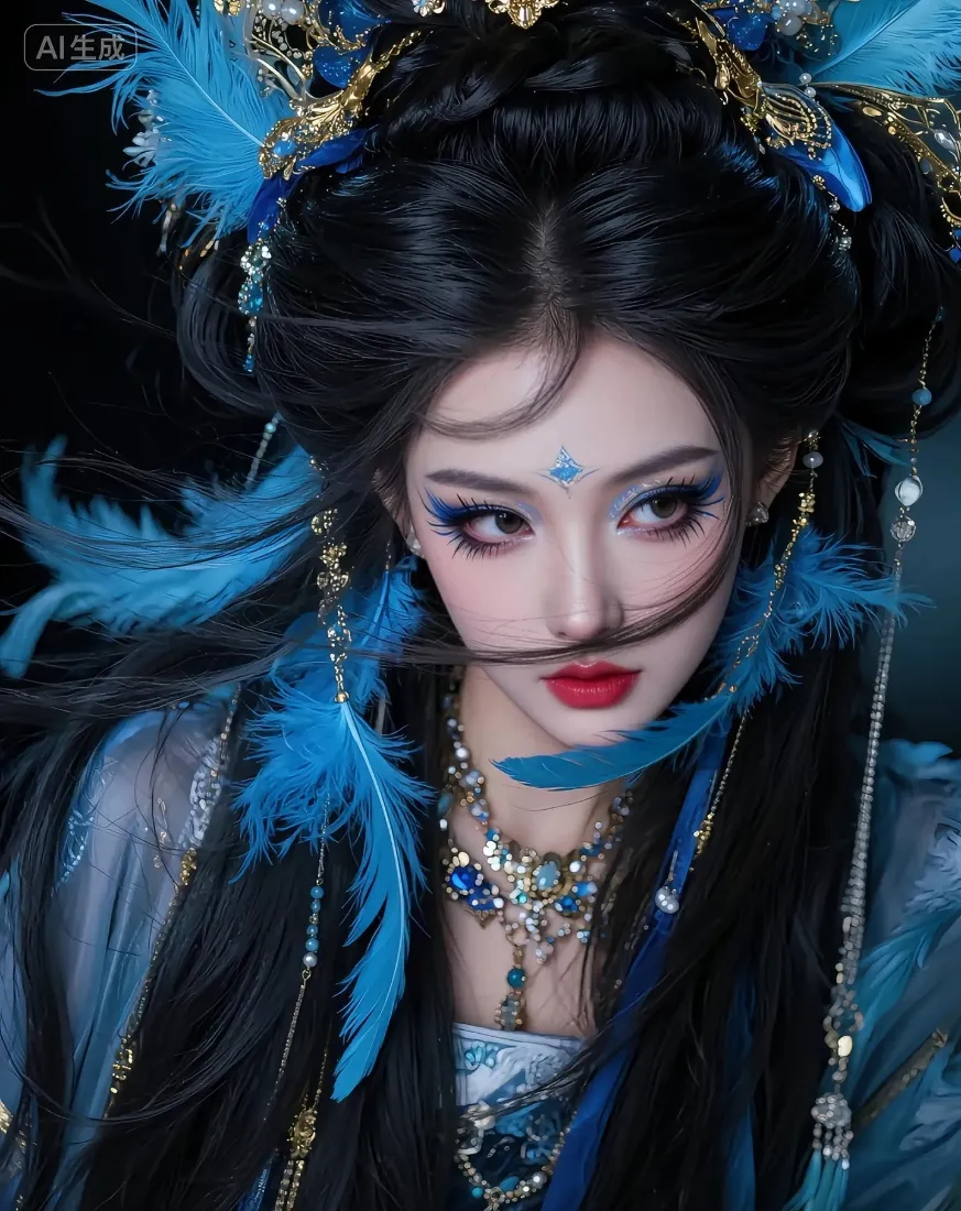 古风美女手机壁纸｜古典背景图片 - 蓝色羽毛头饰「哲风壁纸」