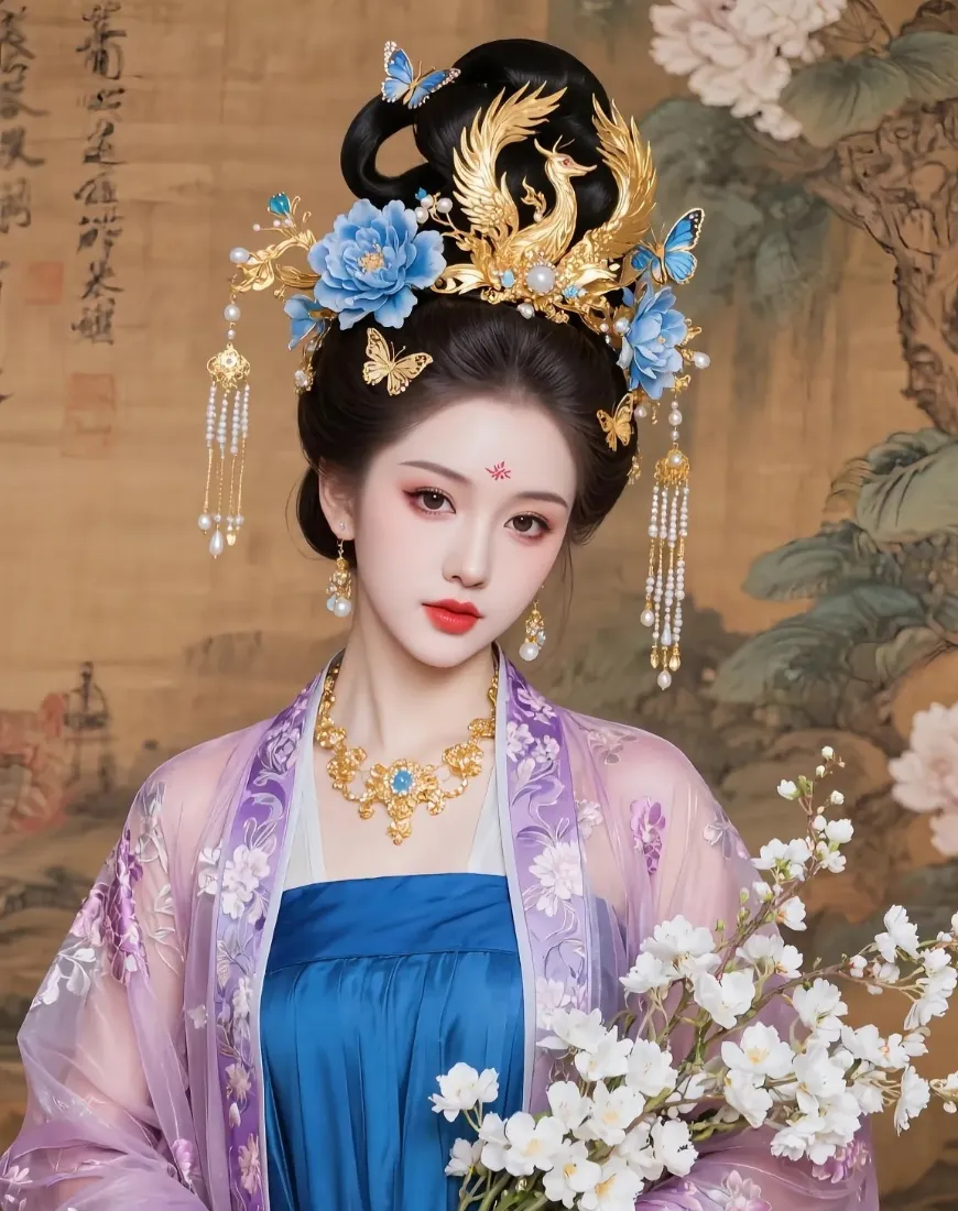 古风美女手机壁纸｜古风背景图 - 古装汉服蓝花头饰「哲风壁纸」