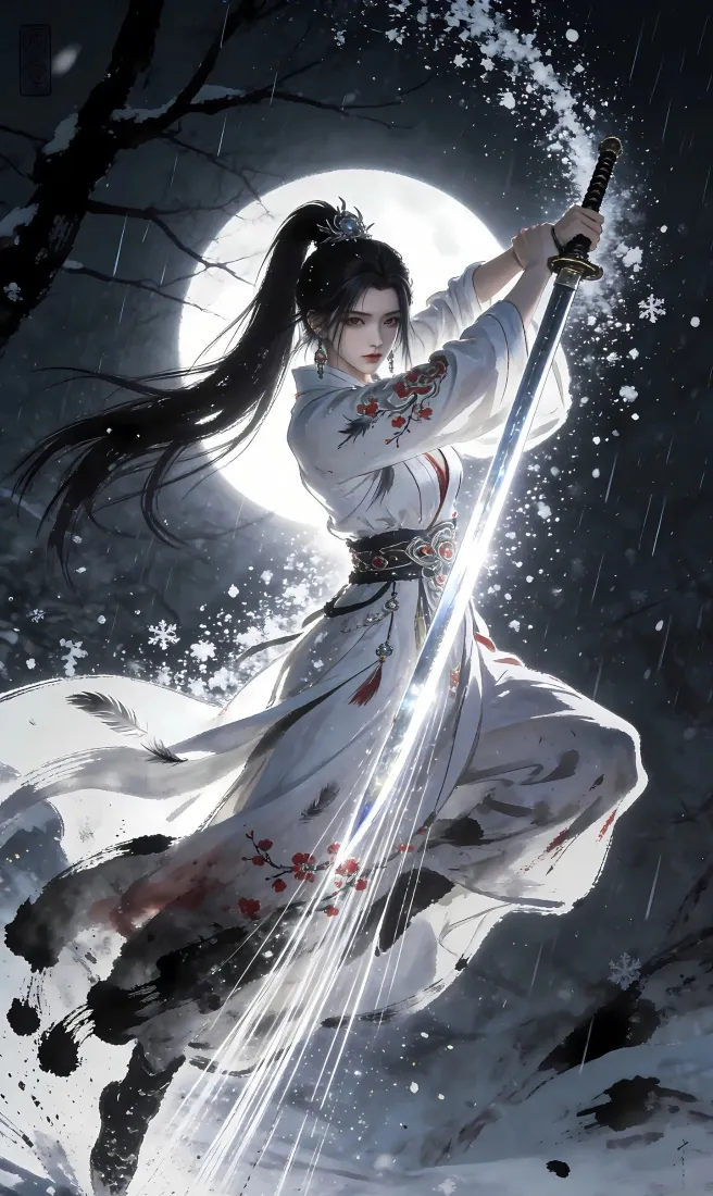 古风美女手机壁纸｜月夜雪景背景图片 - 持剑武侠「哲风壁纸」