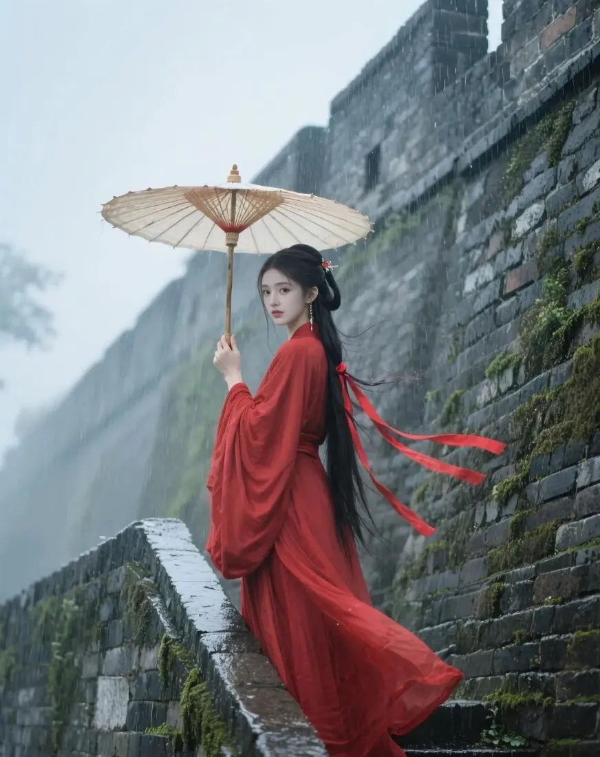 红衣美女油纸伞手机壁纸｜古城墙背景图片 - 古风古装「哲风壁纸」