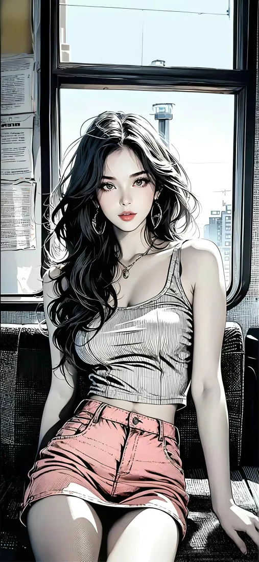 长发美女手机壁纸｜室内背景图片 - 粉色短裙「哲风壁纸」