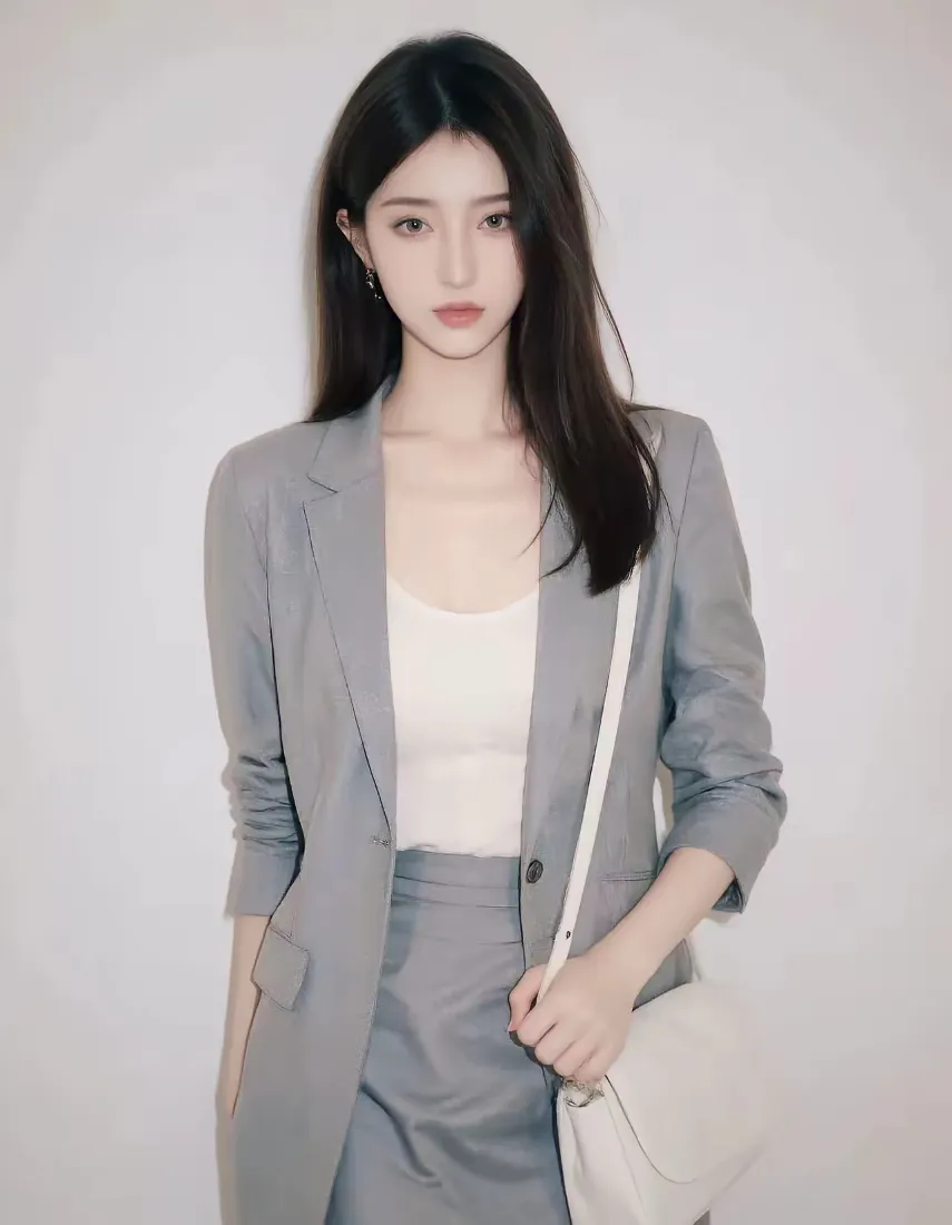 灰西装美女手机壁纸｜浅灰背景图 - 时尚职业穿搭「哲风壁纸」