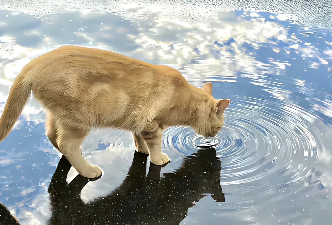 2k小黄猫壁纸｜蓝天背景图片 - 水面倒影涟漪「哲风壁纸」