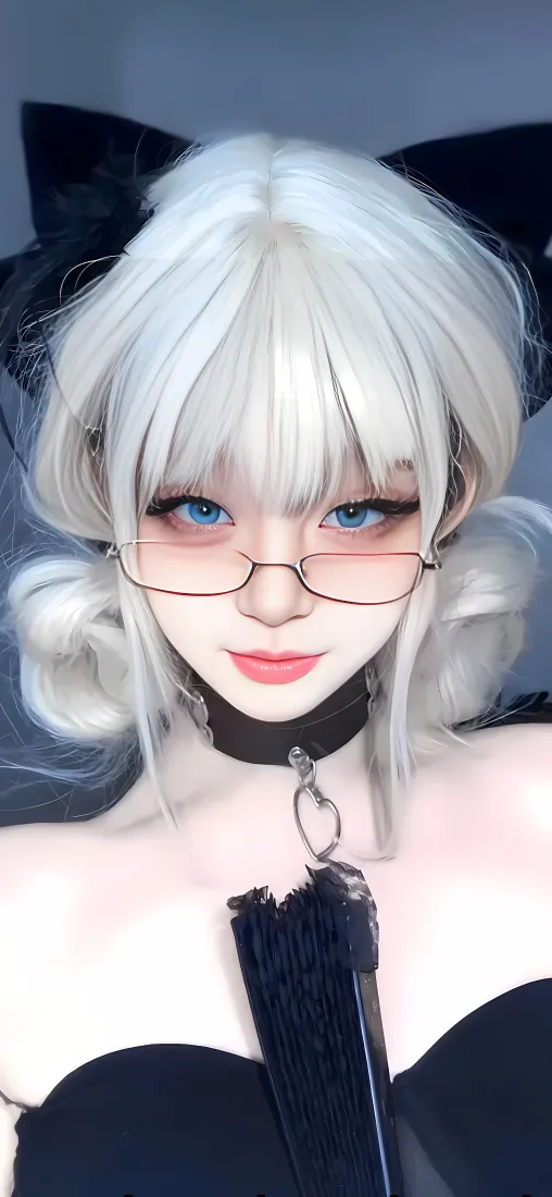 白发双丸子美女手机壁纸｜黑裙猫耳背景 - 蓝眼「哲风壁纸」