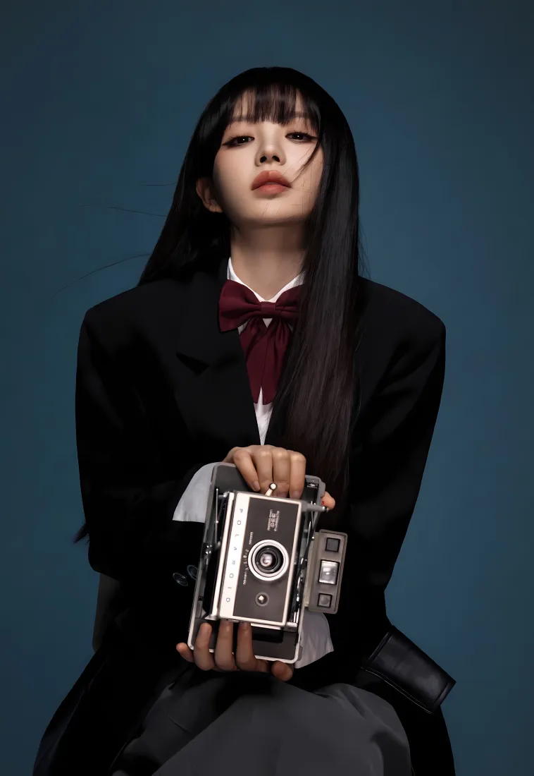田曦薇手机壁纸｜深蓝色背景图片 - 西装复古相机「哲风壁纸」