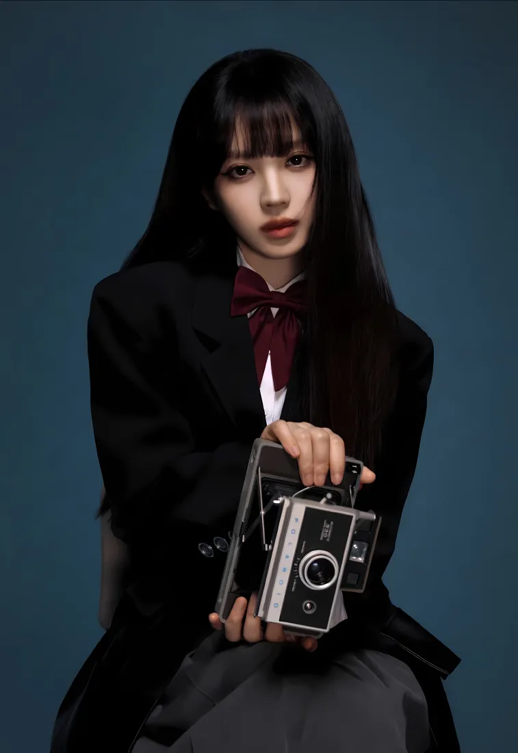 田曦薇西装手机壁纸｜深蓝色背景 - 复古相机「哲风壁纸」