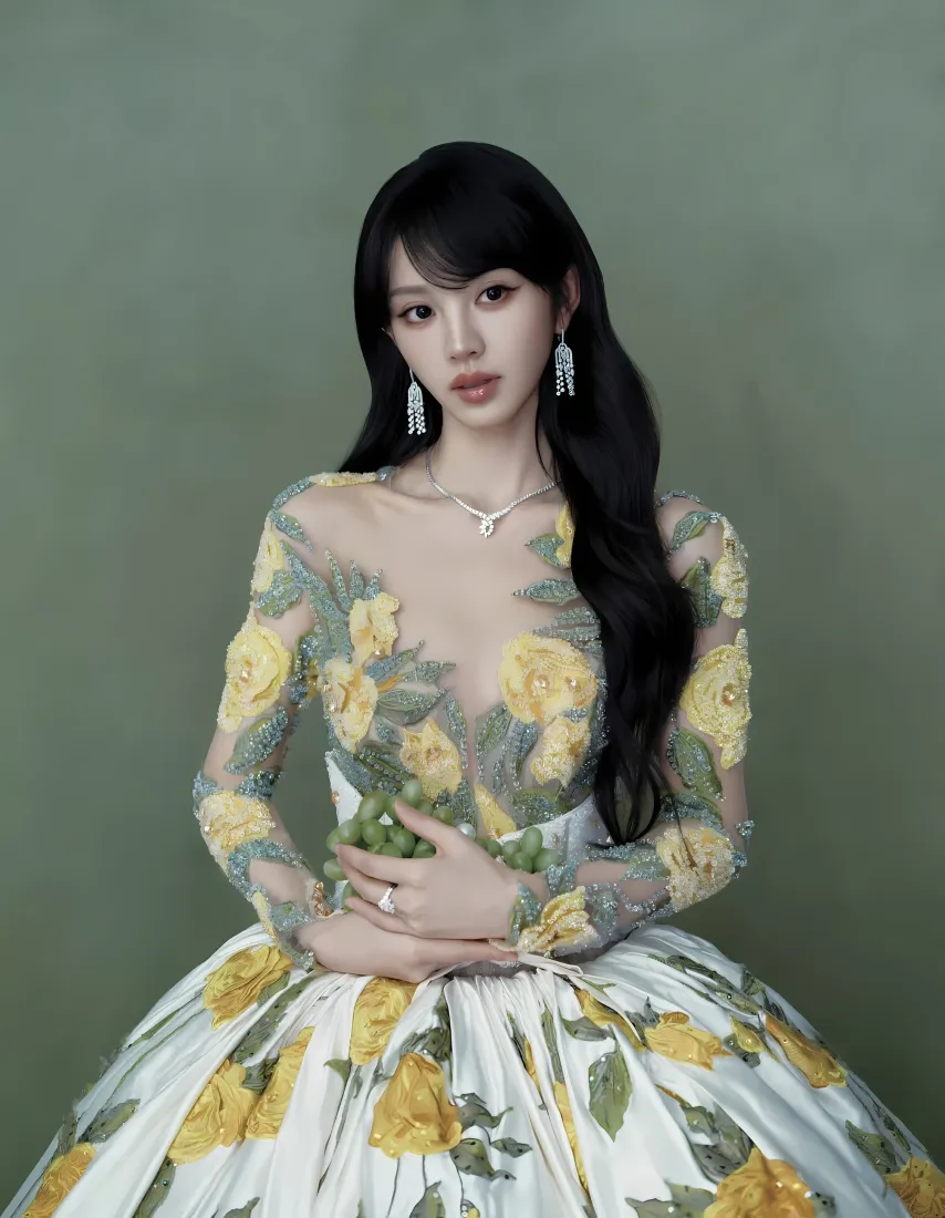 田曦薇手机壁纸｜绿色背景 - 黄玫瑰裙礼服「哲风壁纸」