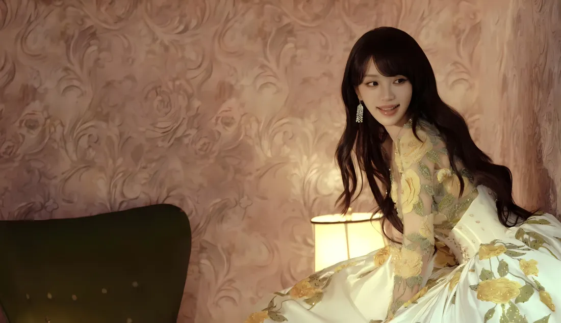 2k田曦薇壁纸｜粉色花纹背景图片 - 暖光灯黄白裙「哲风壁纸」